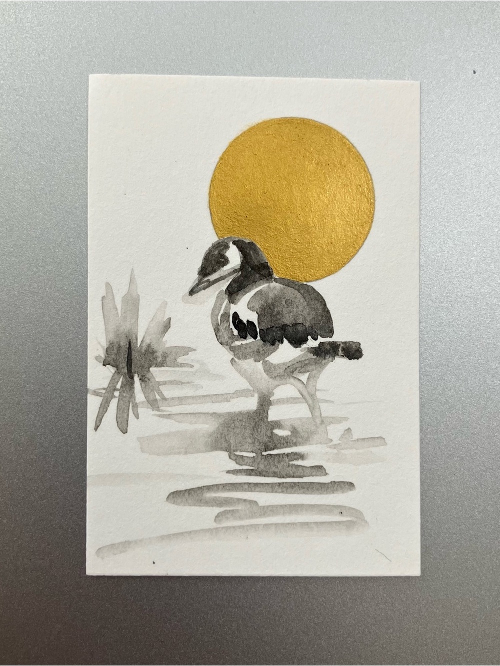 Original geese painting birds art miniature realism sumi-e style ink gift